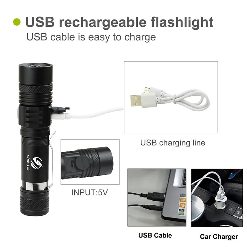 High Power Led Flashlights Zoomable Camping Torch With T6 LED Lamp Beads Waterproof 4 Lighting Modes Multi Function USB Charger